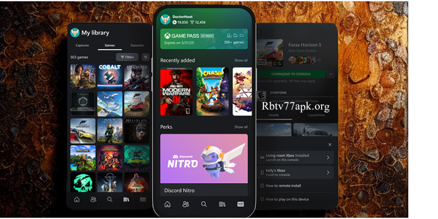 Mobile and console game library interface showing Xbox Game Pass, recently added titles like Call of Duty and Crash Bandicoot, along with Discord Nitro perks — Rbtv77apk.org.